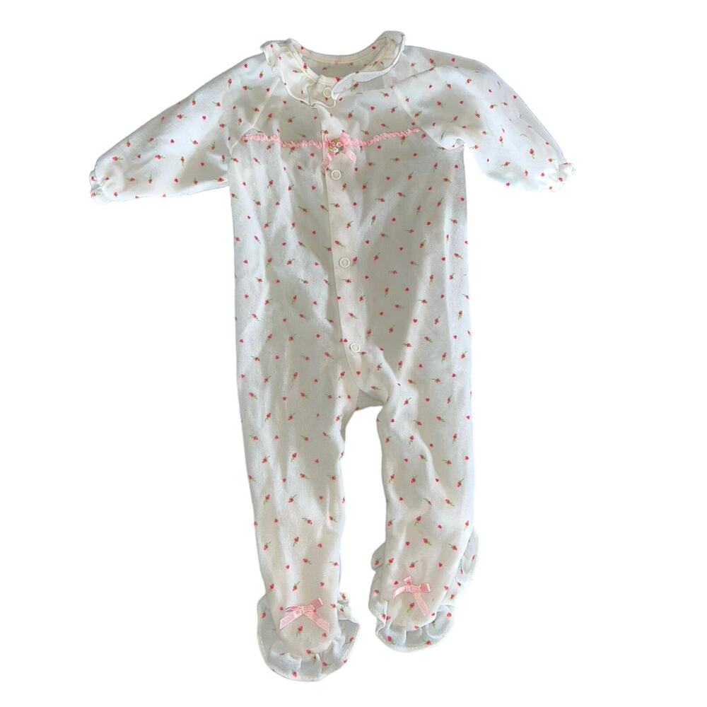 Vintage 80s Alexis one piece pajama outfit button 0-13 lbs newborn pink white